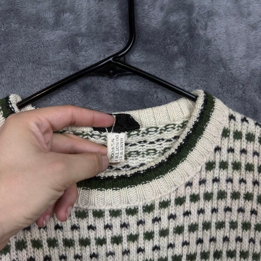 Fathom Sweater Mens L White Green Wool Blend Nordic Knit Crew Neck Vintage - Picture 5 of 7